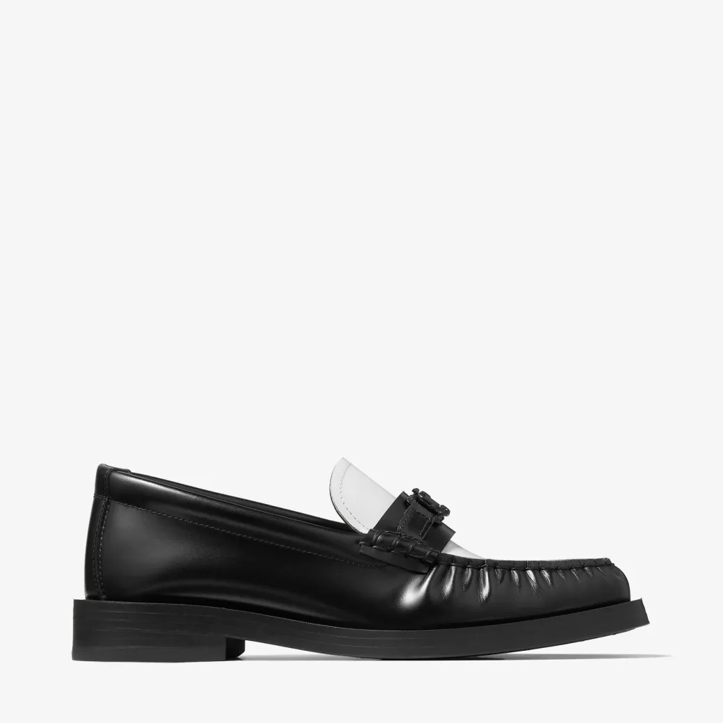 Addie Loafer Black and Latte Box Calf Leather Flat Loafers with JC Emblem