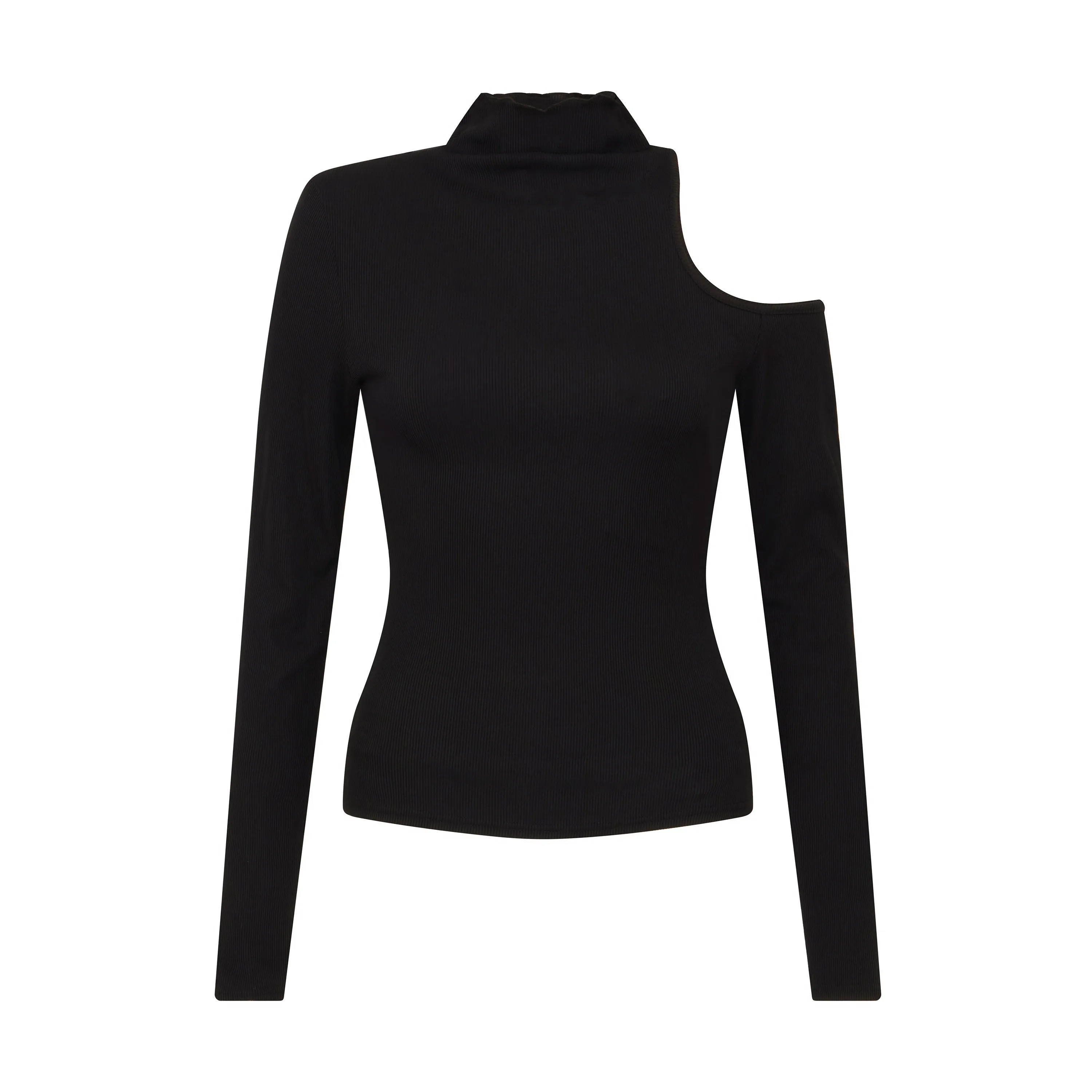 Asymmetric One-Shoulder Cutout Turtleneck Knit Top in Black