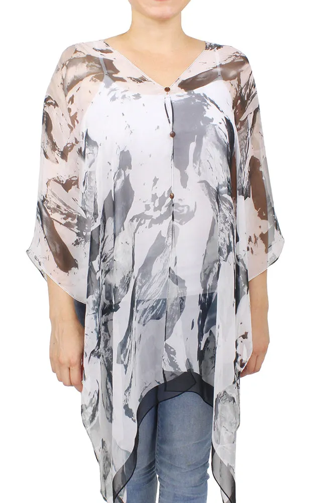 EAP9605 Abstract Print Chiffon Poncho