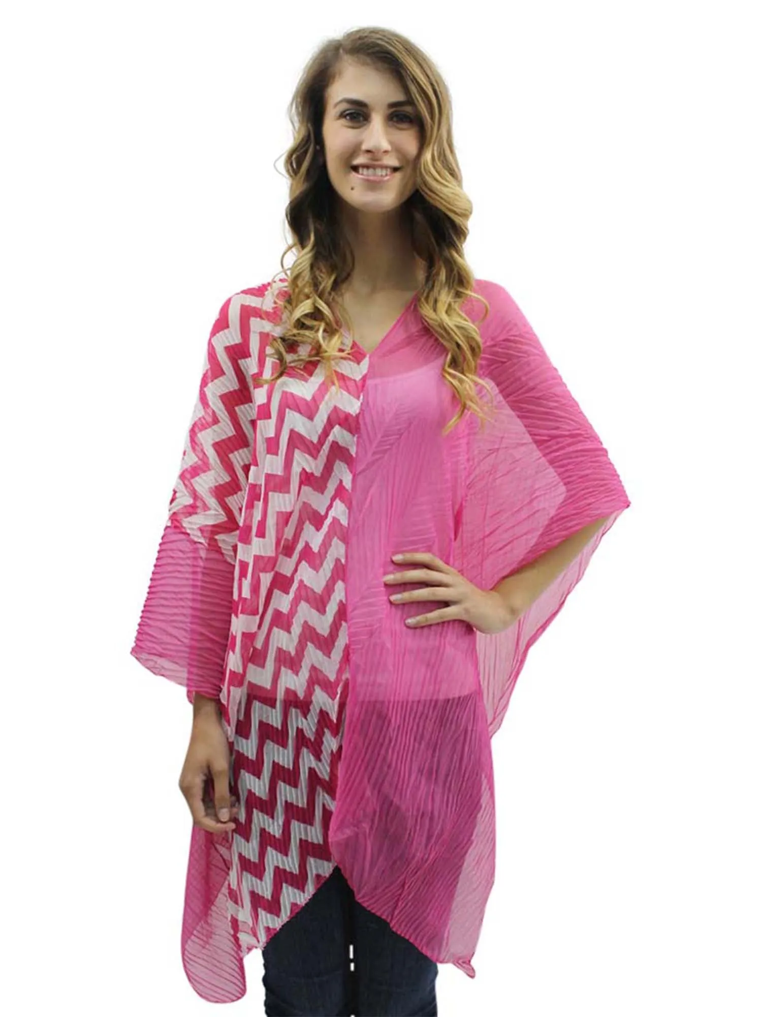 Fuchsia & White Chevron Stripe Sheer Poncho