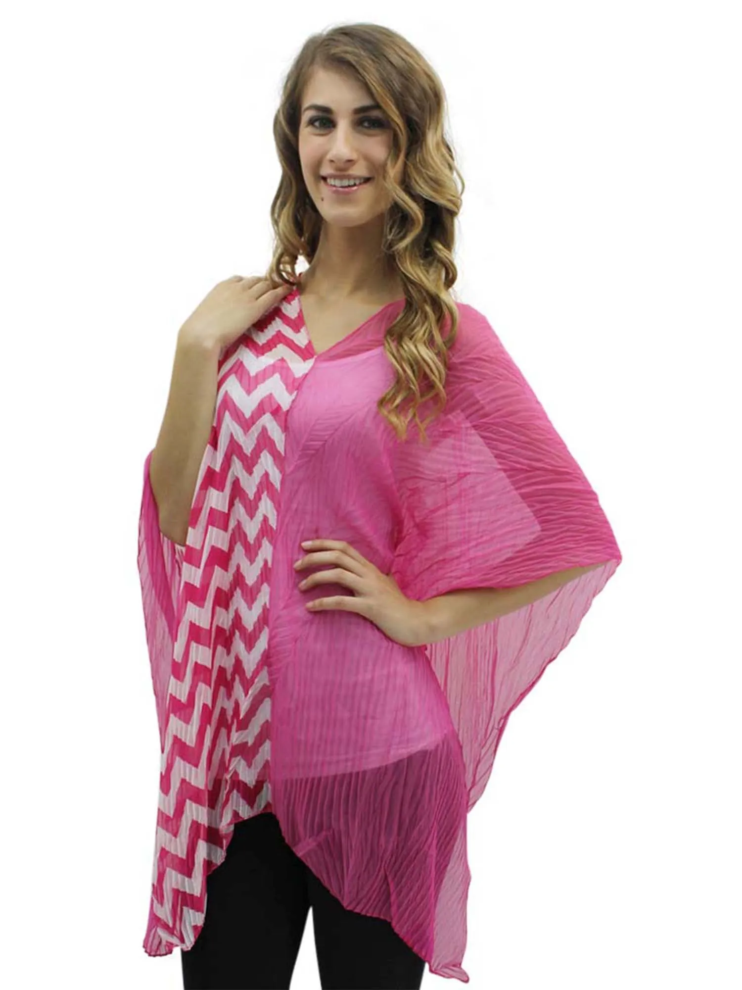 Fuchsia & White Chevron Stripe Sheer Poncho