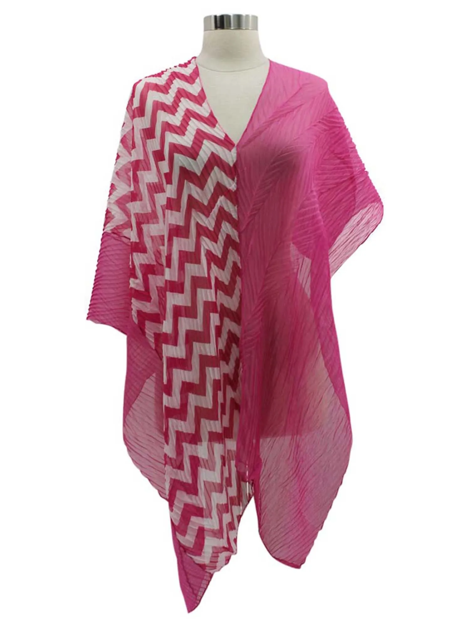 Fuchsia & White Chevron Stripe Sheer Poncho