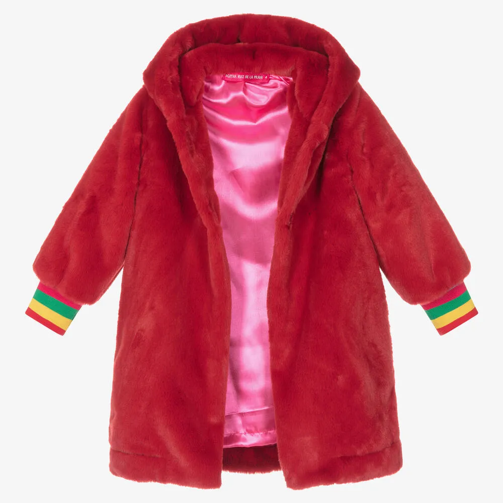 Girls Red Plush Faux Fur Coat