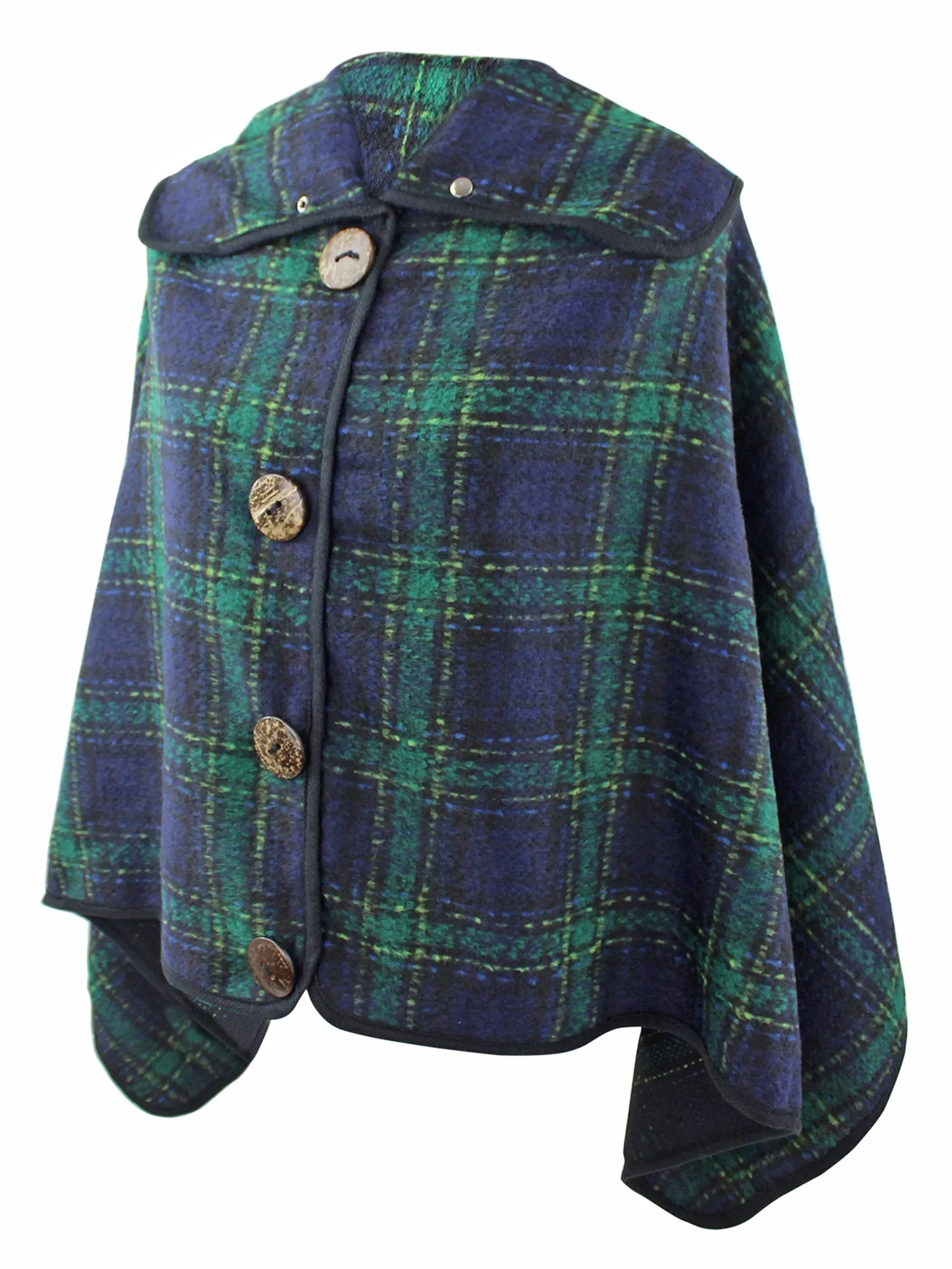 Green & Navy Blue Plaid Fashion Poncho With Button Trim