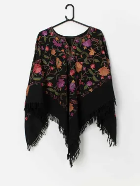 Handmade vintage black embroidered poncho with fringe detail – One size