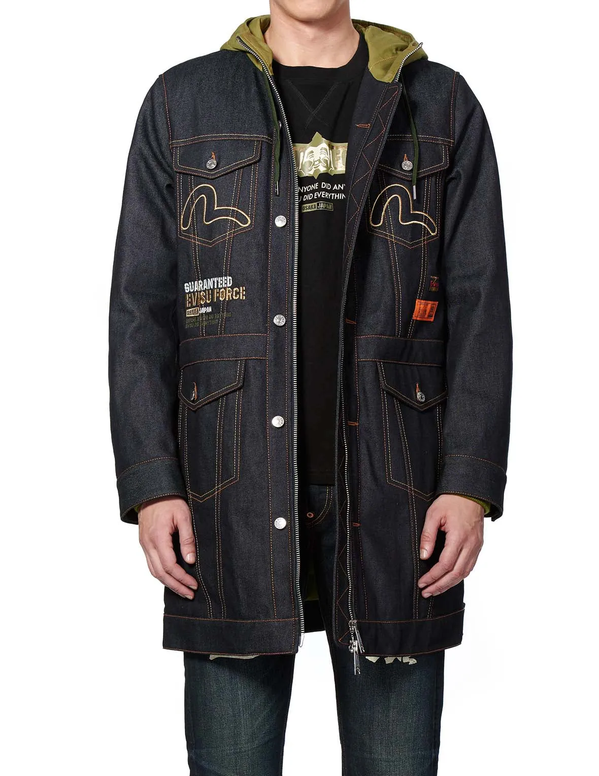 Kamon and Logo Embroidered Denim Padded Coat