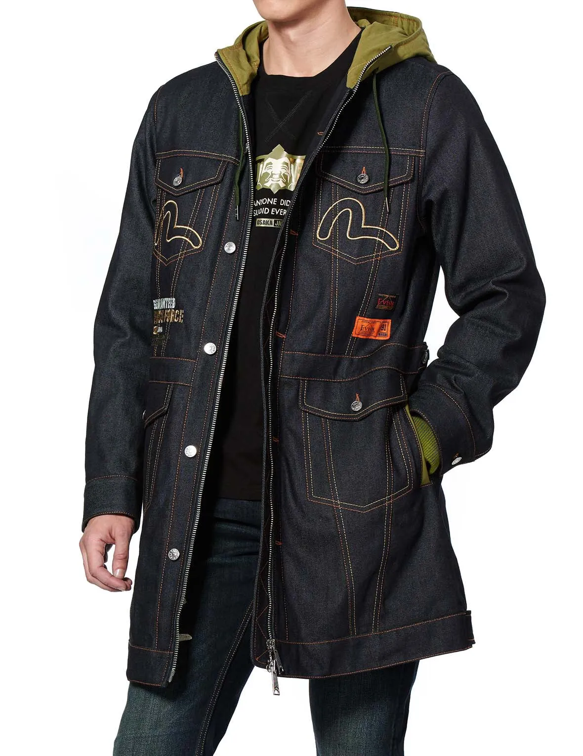 Kamon and Logo Embroidered Denim Padded Coat