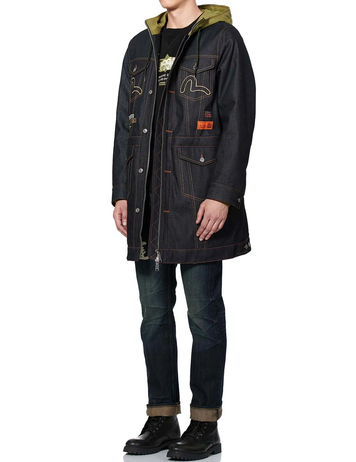 Kamon and Logo Embroidered Denim Padded Coat