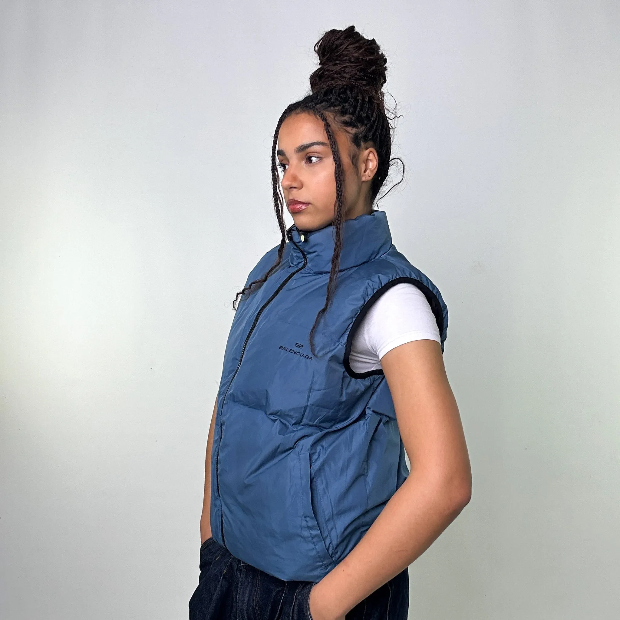 Light Blue 90s Balenciaga Reversible Puffer Jacket Coat Gilet (M)