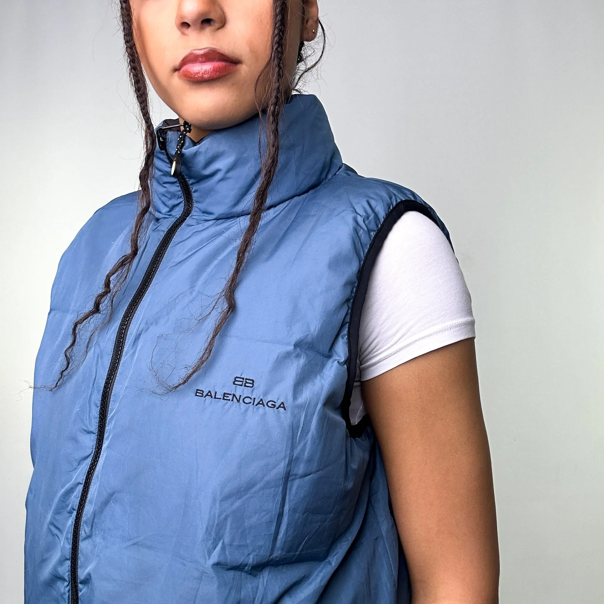 Light Blue 90s Balenciaga Reversible Puffer Jacket Coat Gilet (M)