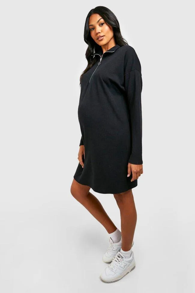 Maternity Textured Rib Half Zip Oversized Sweater Dress