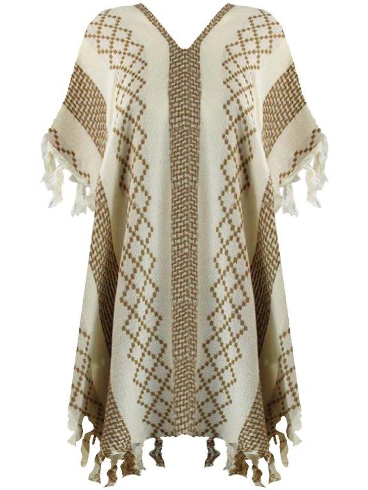 Mixed Pattern Knit Poncho With Tassel Fringe