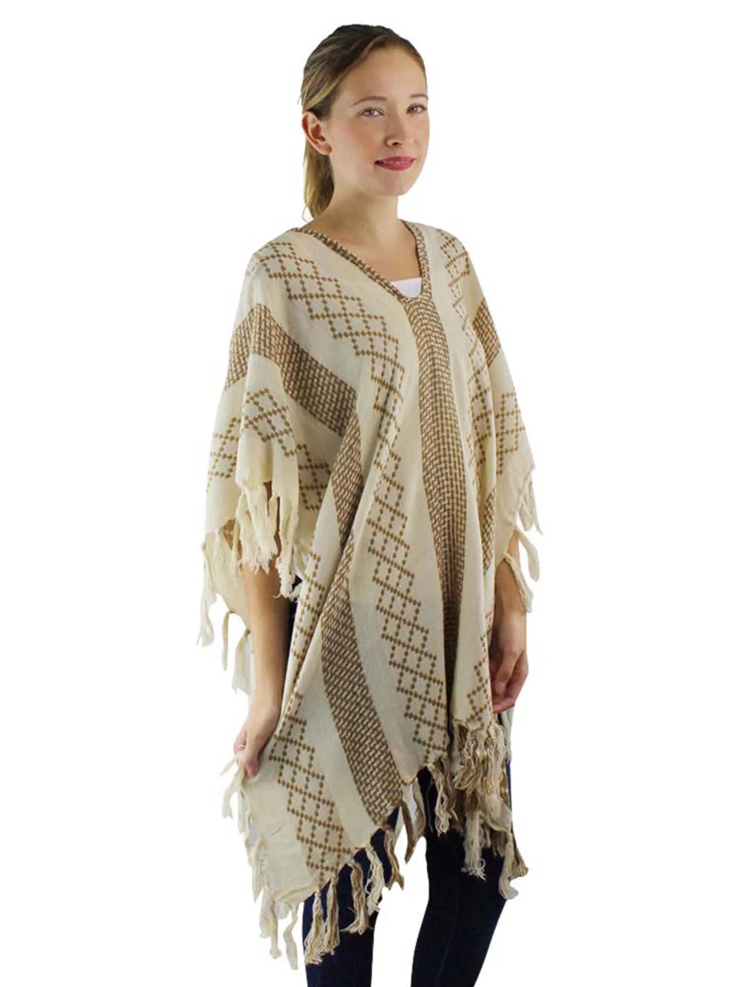 Mixed Pattern Knit Poncho With Tassel Fringe