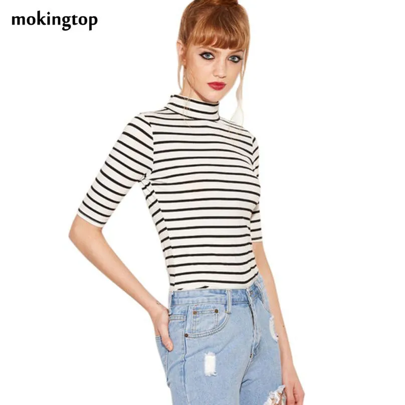 mokingtop Korean Striped Women Tshirt Half Sleeve Slim Fashion Tops Turtleneck Spring Women Clothes Kleding Vrouwen#212 SM6