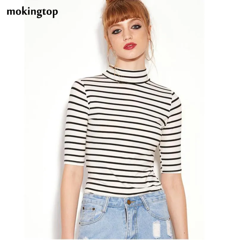 mokingtop Korean Striped Women Tshirt Half Sleeve Slim Fashion Tops Turtleneck Spring Women Clothes Kleding Vrouwen#212 SM6