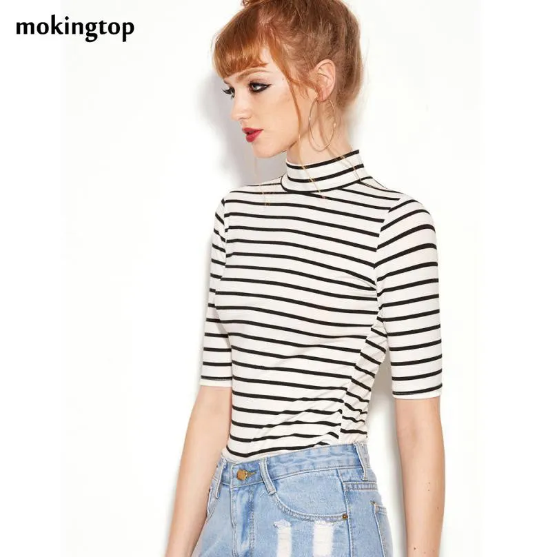 mokingtop Korean Striped Women Tshirt Half Sleeve Slim Fashion Tops Turtleneck Spring Women Clothes Kleding Vrouwen#212 SM6