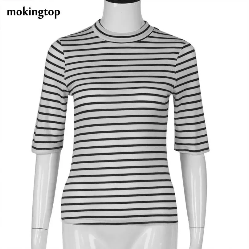 mokingtop Korean Striped Women Tshirt Half Sleeve Slim Fashion Tops Turtleneck Spring Women Clothes Kleding Vrouwen#212 SM6