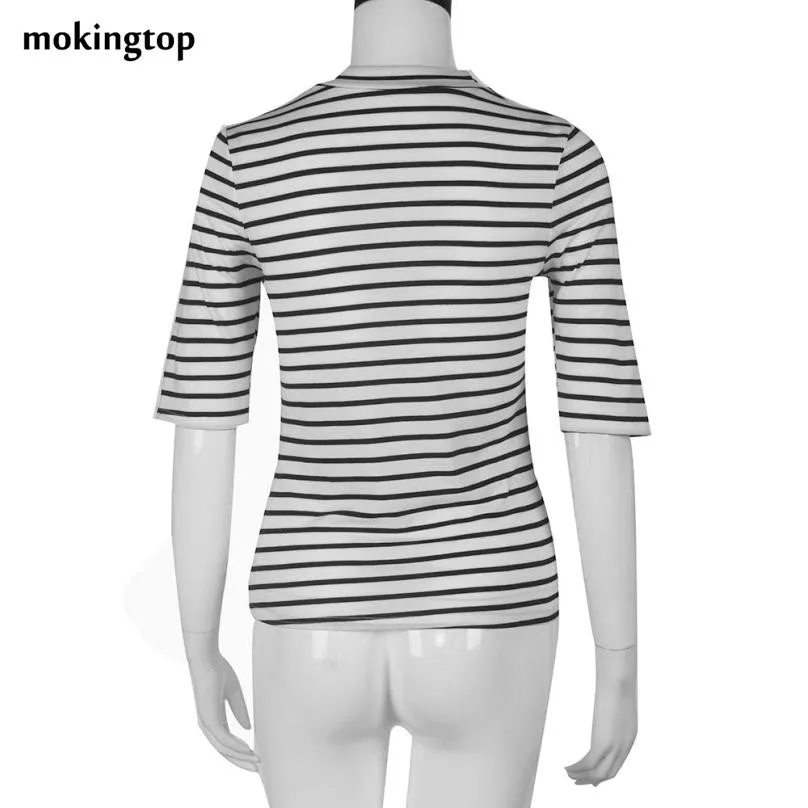 mokingtop Korean Striped Women Tshirt Half Sleeve Slim Fashion Tops Turtleneck Spring Women Clothes Kleding Vrouwen#212 SM6