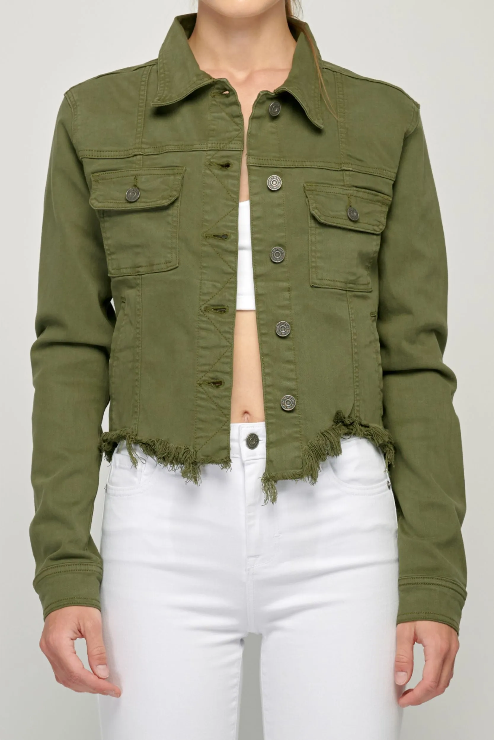 Olive Denim Jacket w Frayed Hem