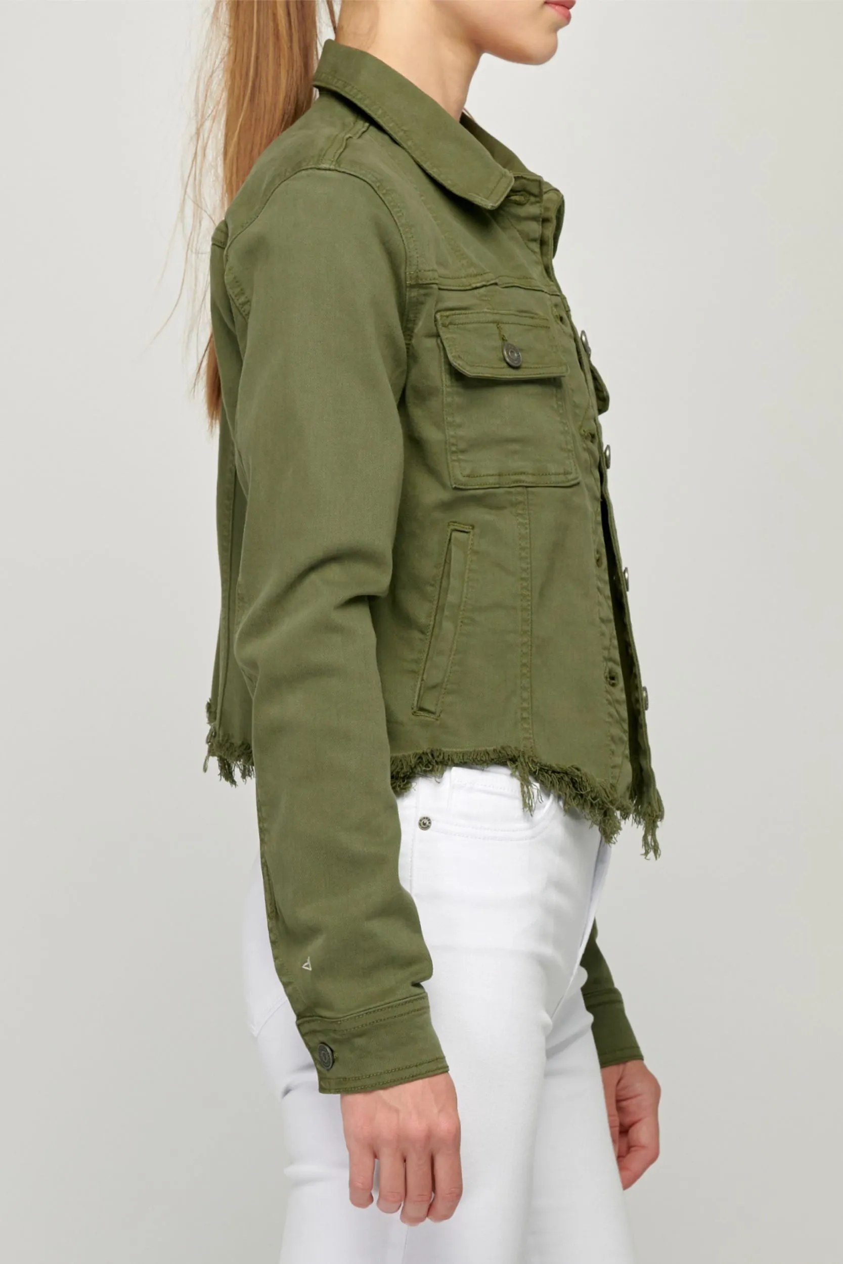 Olive Denim Jacket w Frayed Hem