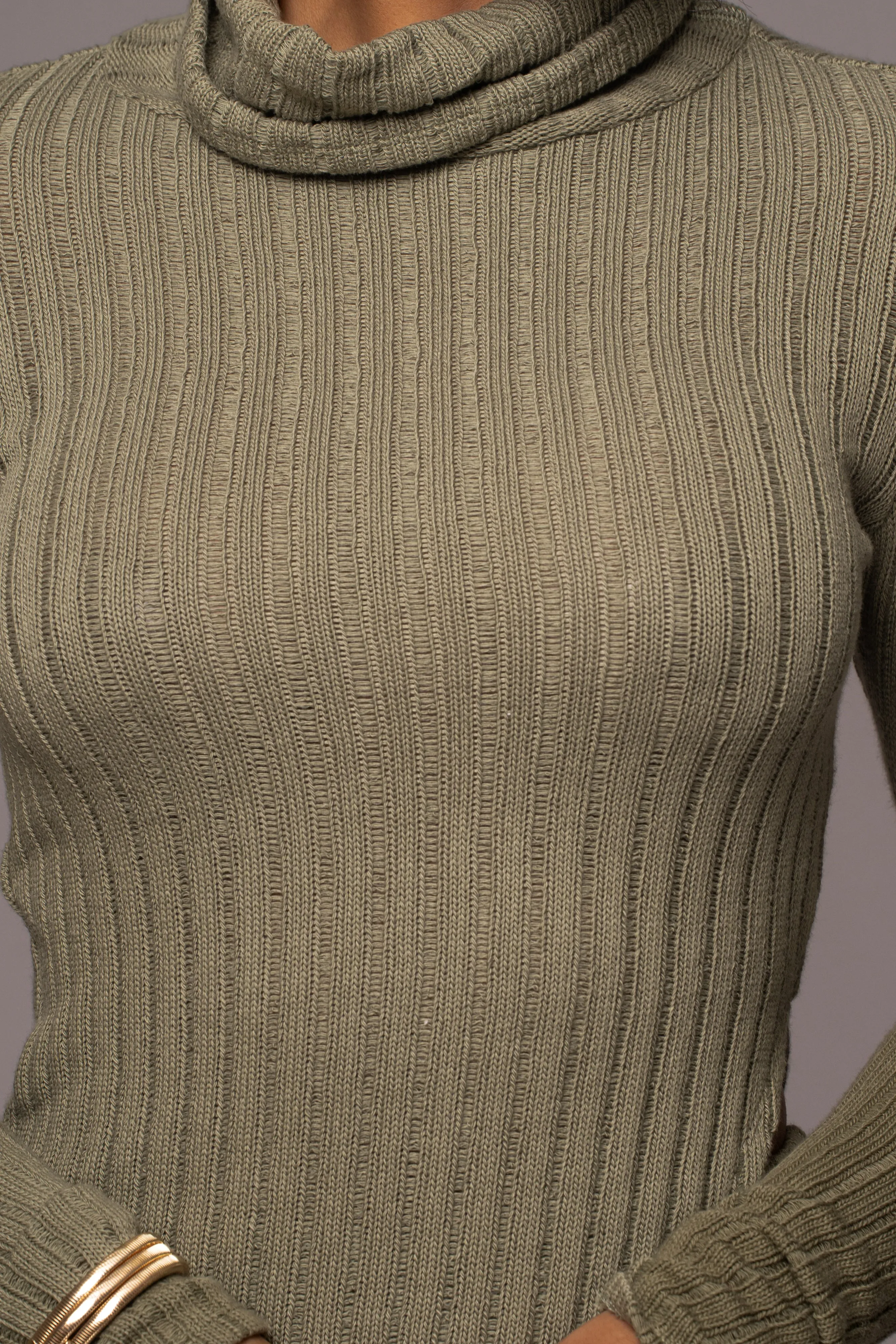 Olive One Call Away Ribbed Turtleneck Top