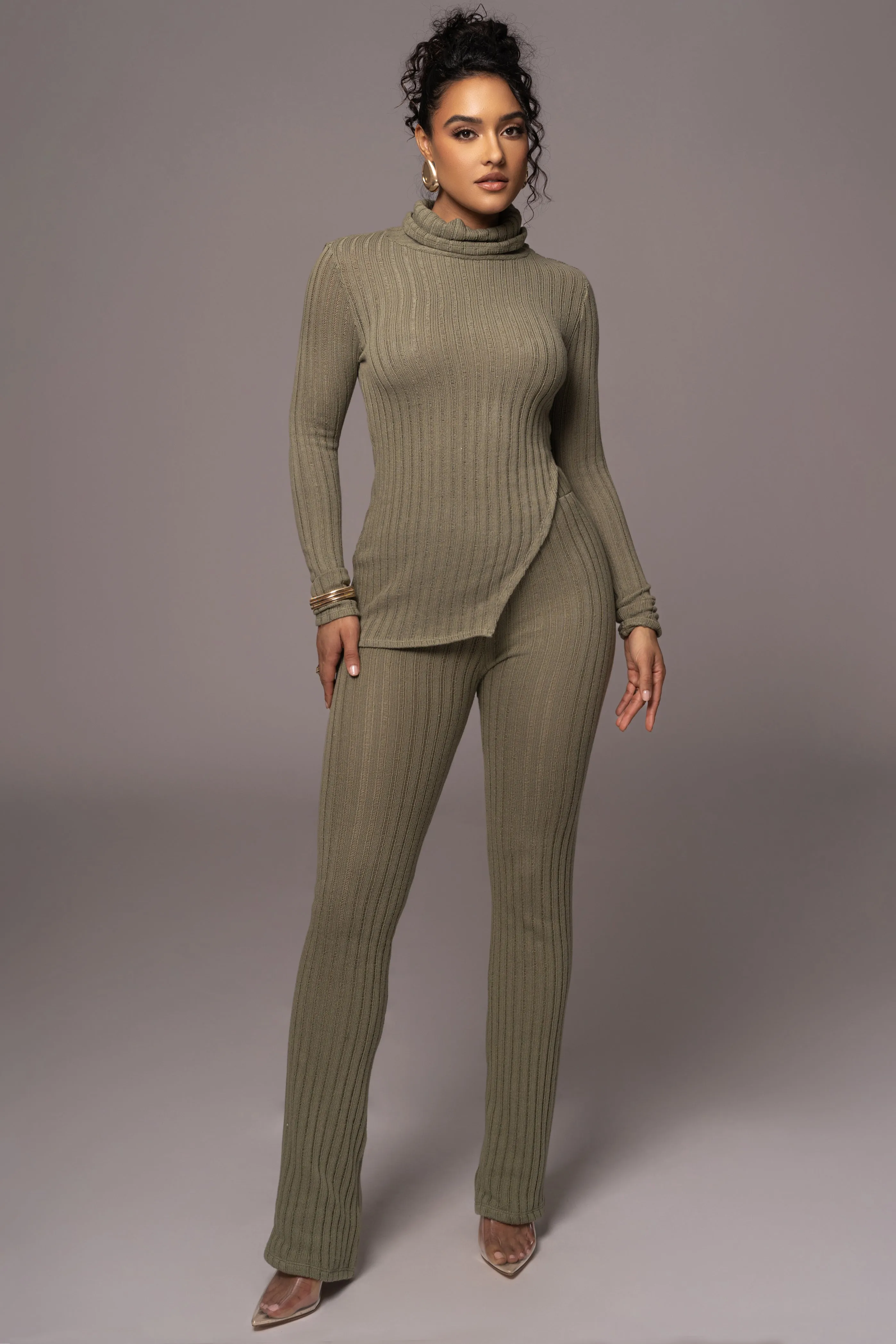 Olive One Call Away Ribbed Turtleneck Top