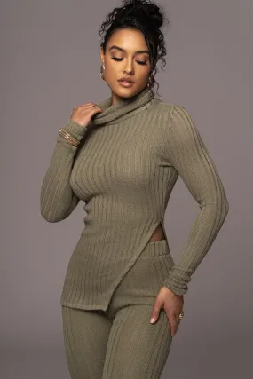 Olive One Call Away Ribbed Turtleneck Top