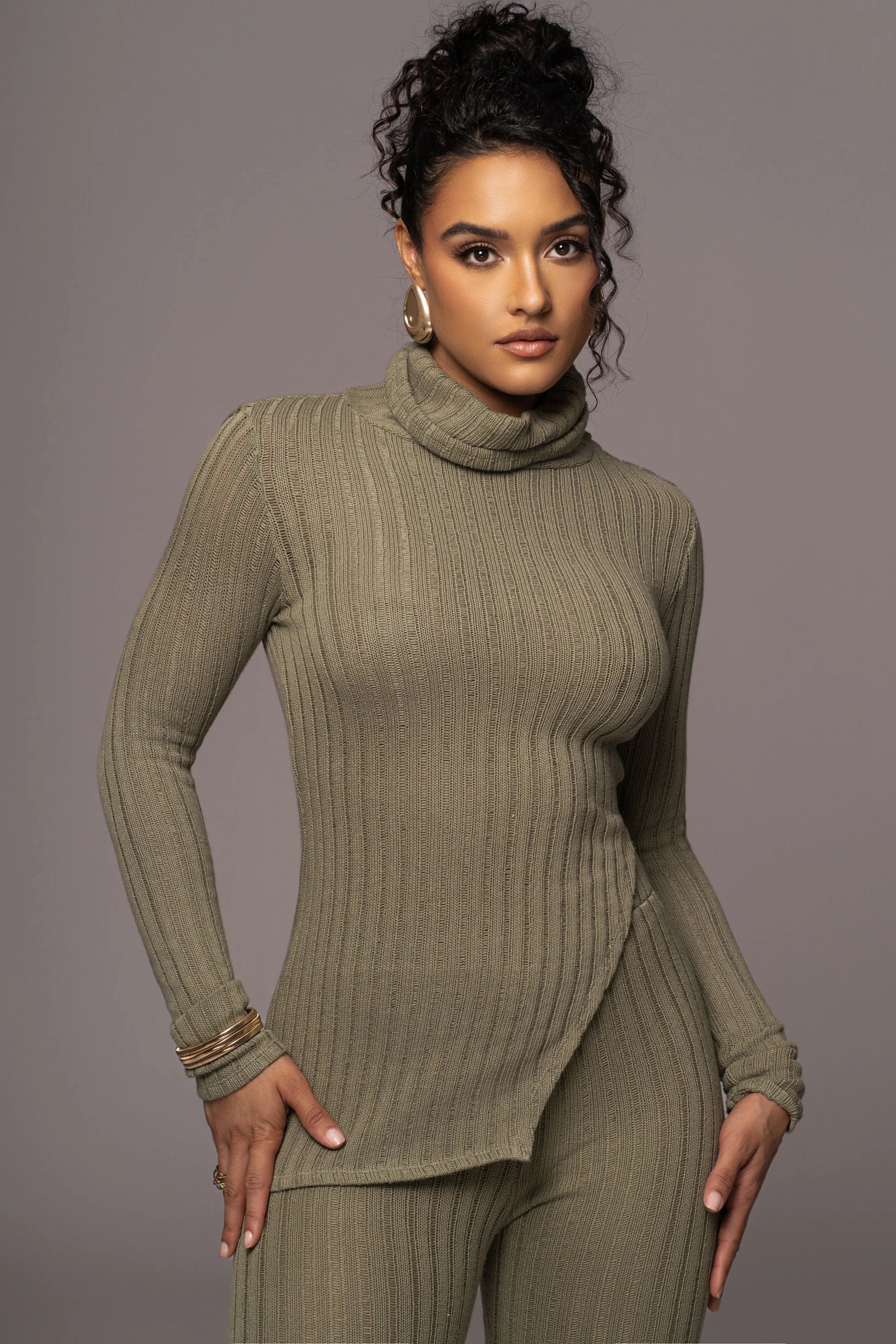 Olive One Call Away Ribbed Turtleneck Top