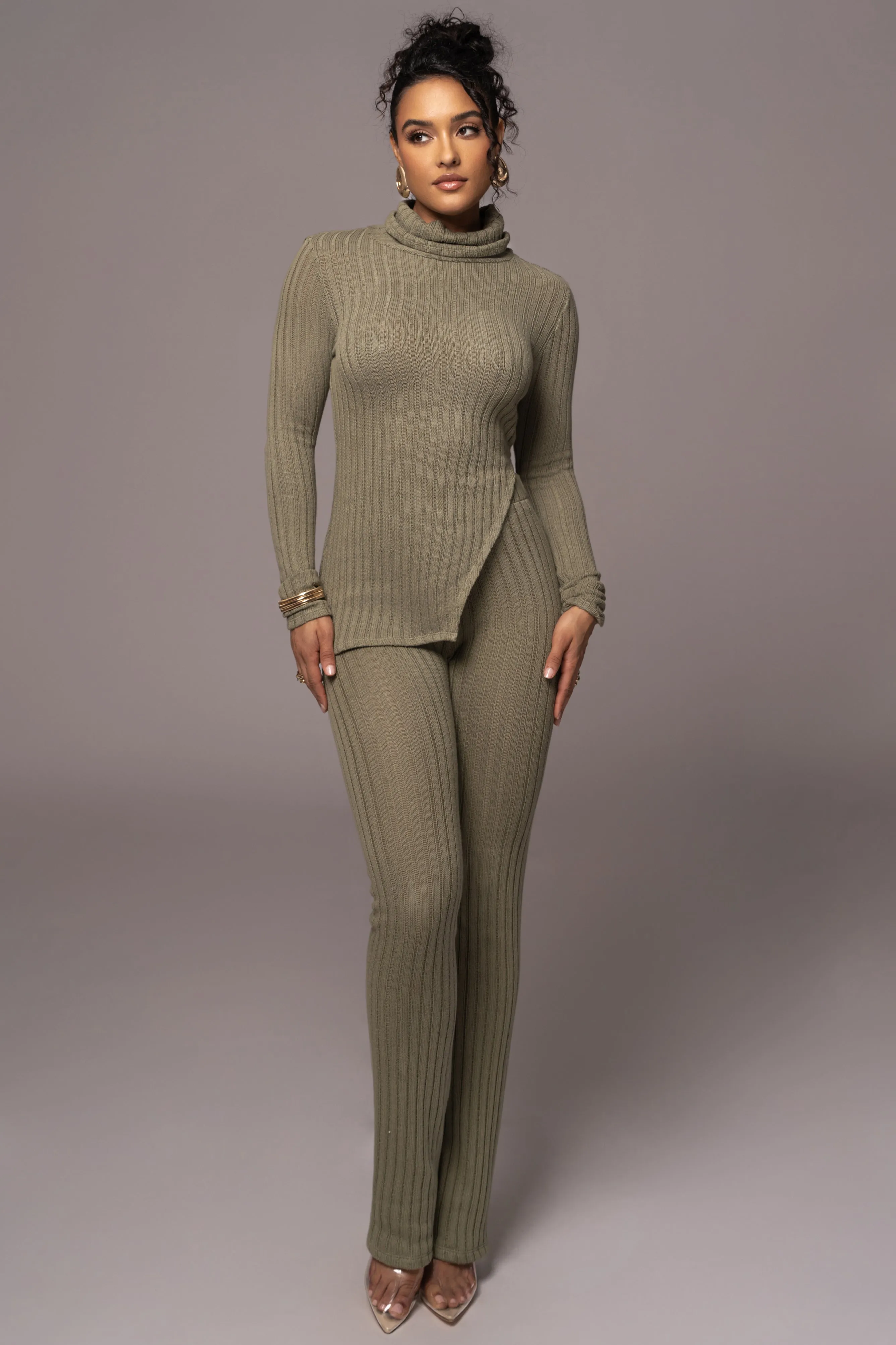 Olive One Call Away Ribbed Turtleneck Top