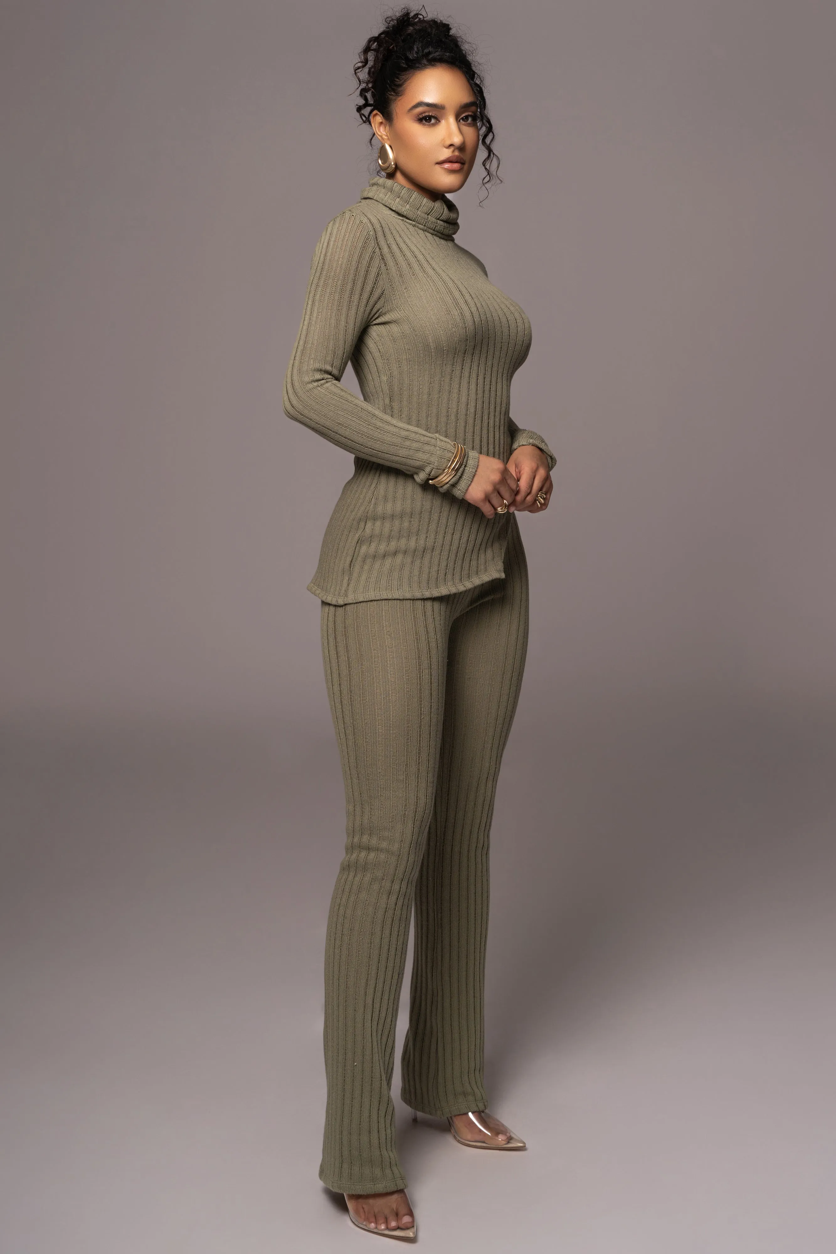 Olive One Call Away Ribbed Turtleneck Top