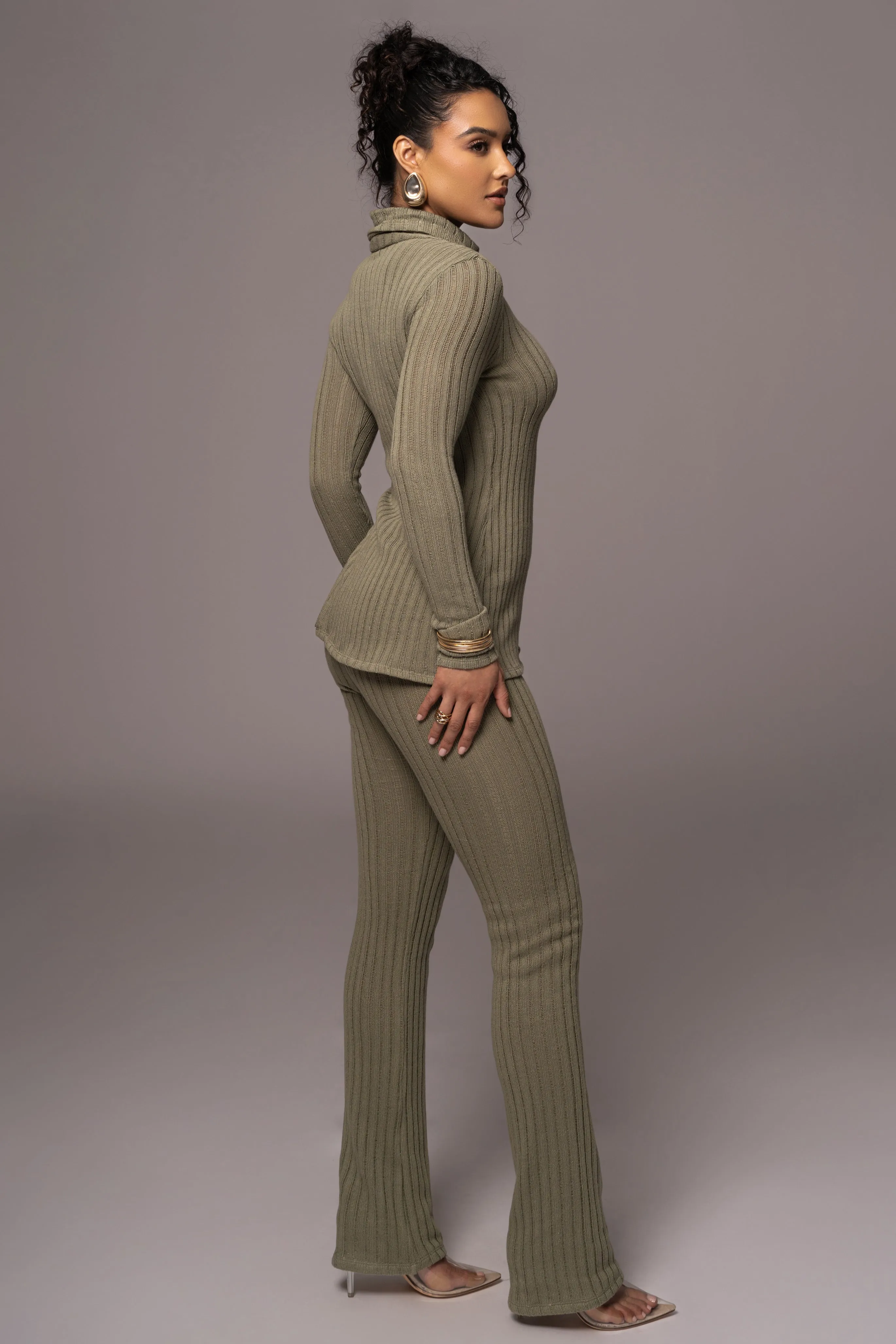 Olive One Call Away Ribbed Turtleneck Top