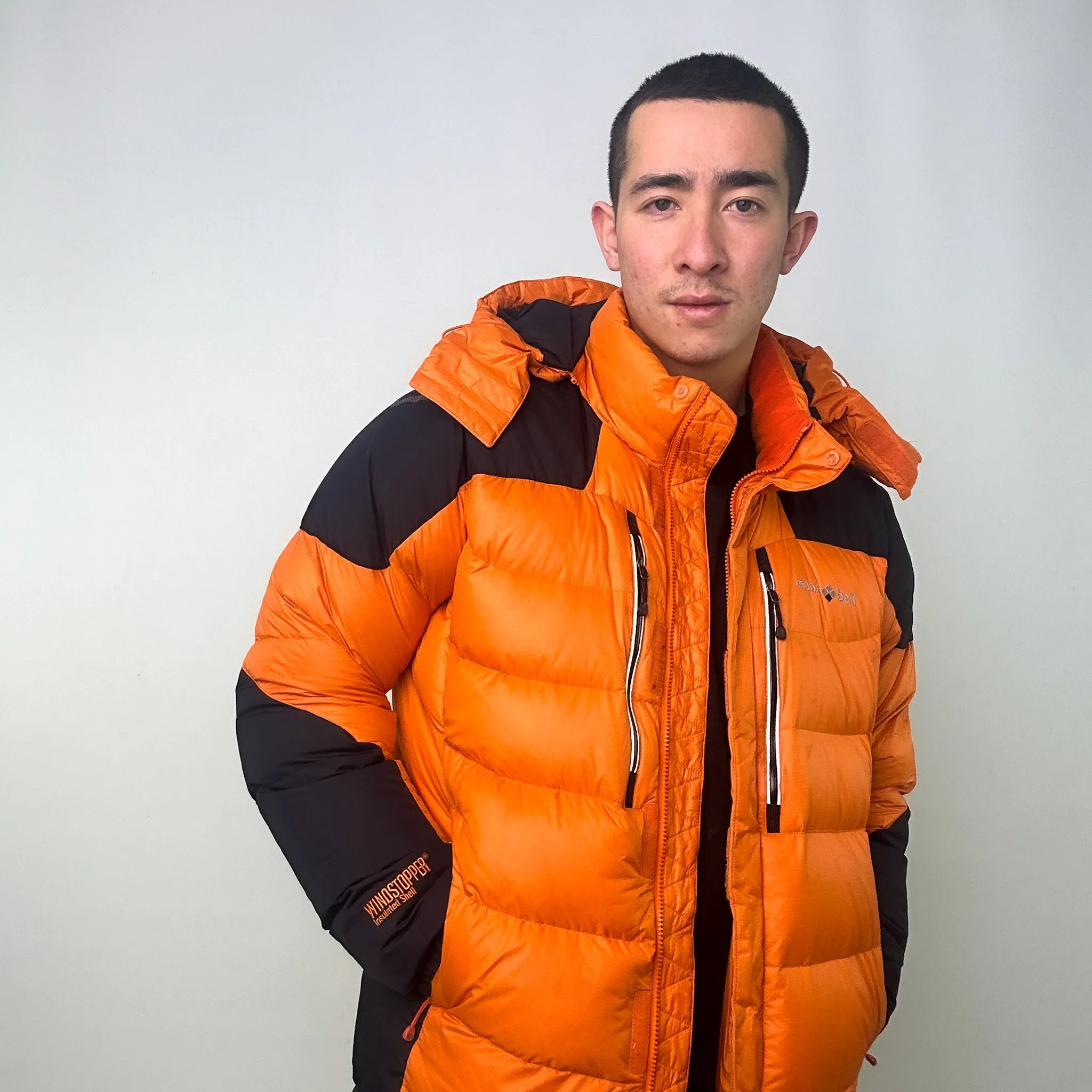 Orange y2ks Mont Bell EX 900 Windstopper Insulated Shell Puffer Jacket Coat (L)