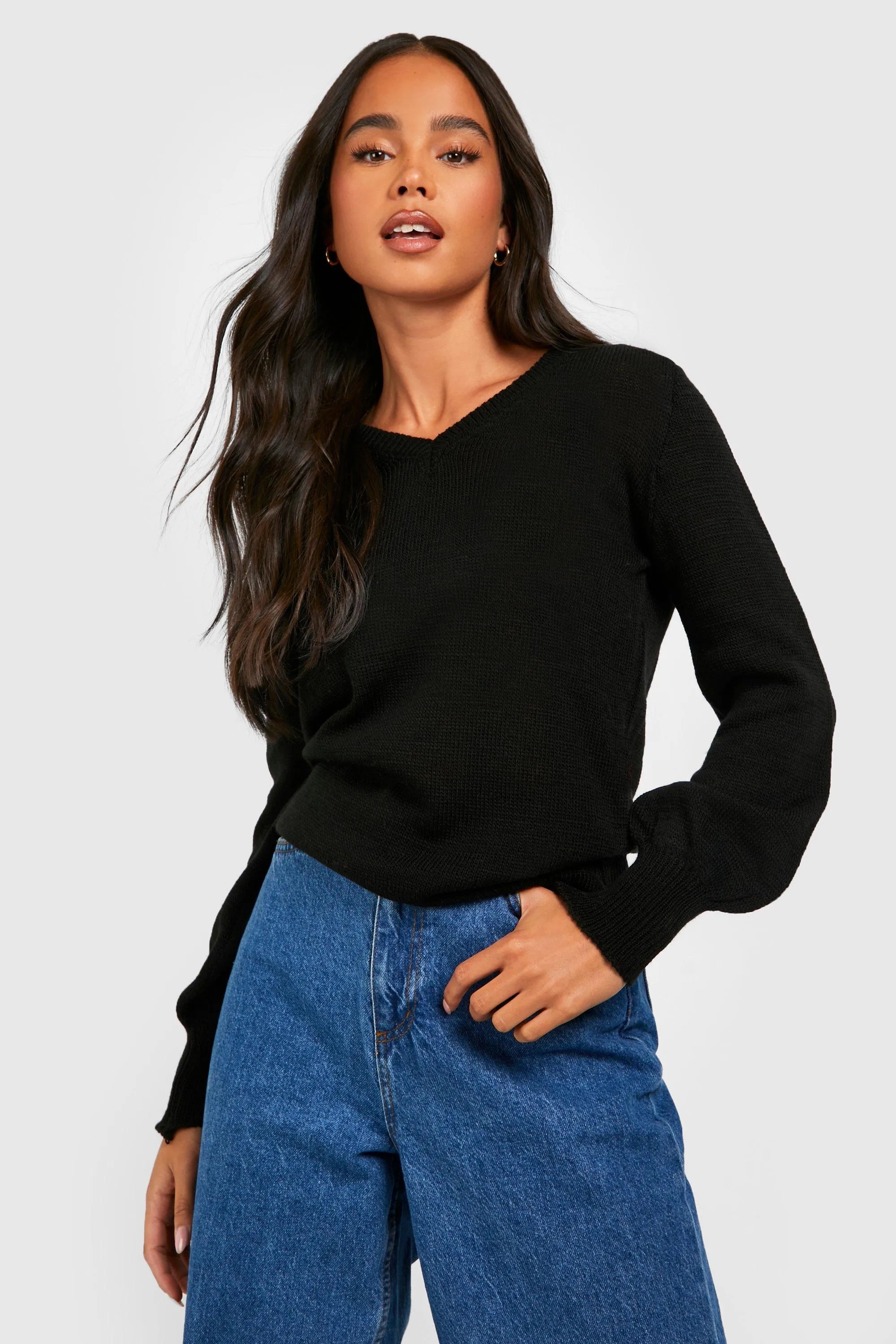 Petite Puff Sleeve V Neck Sweater