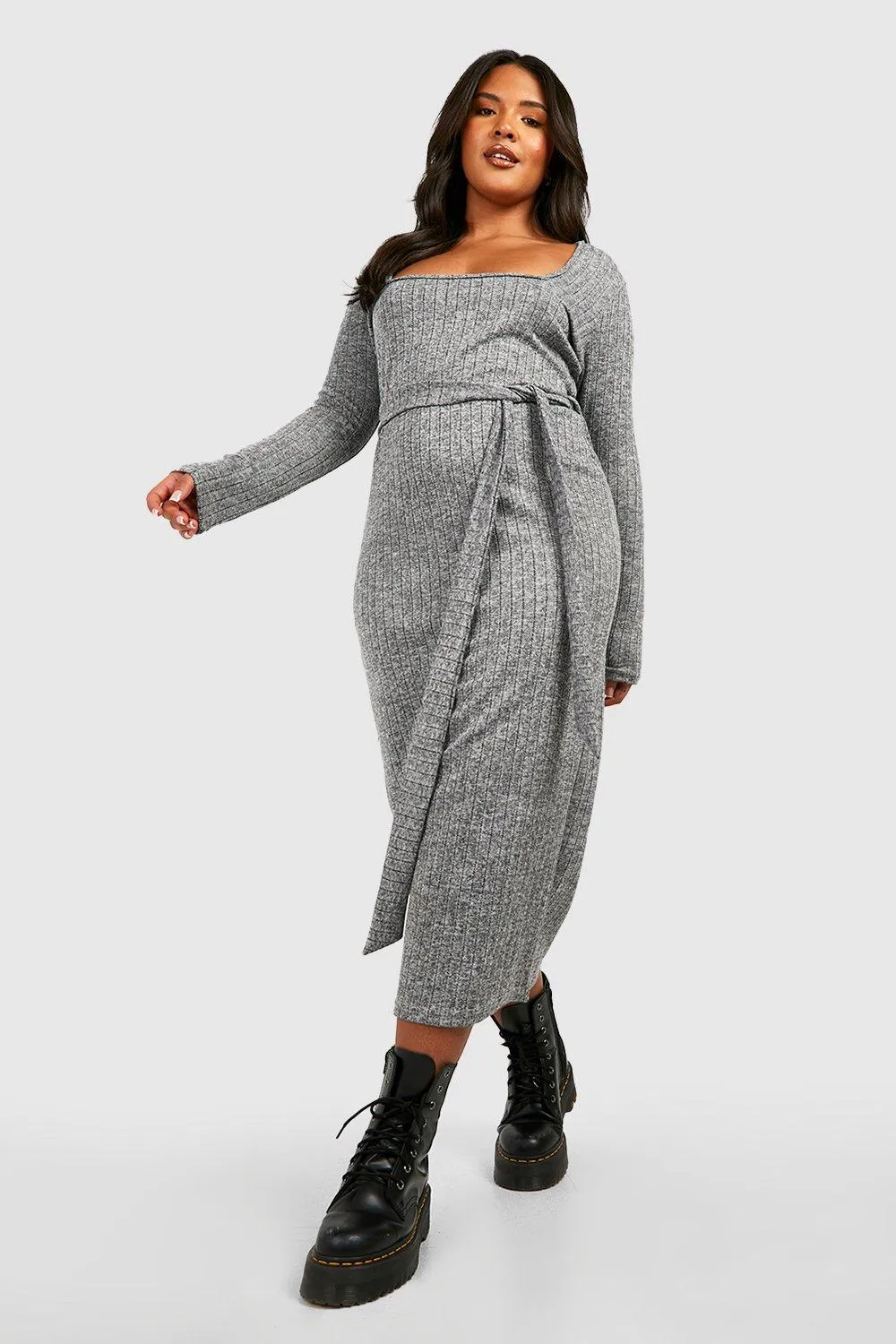 Plus Knitted Brush Rib Belted Midi Sweater Dress