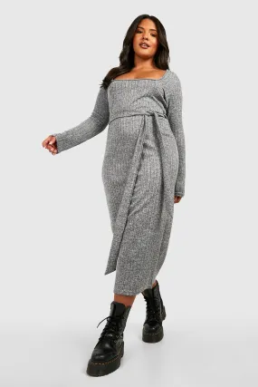 Plus Knitted Brush Rib Belted Midi Sweater Dress