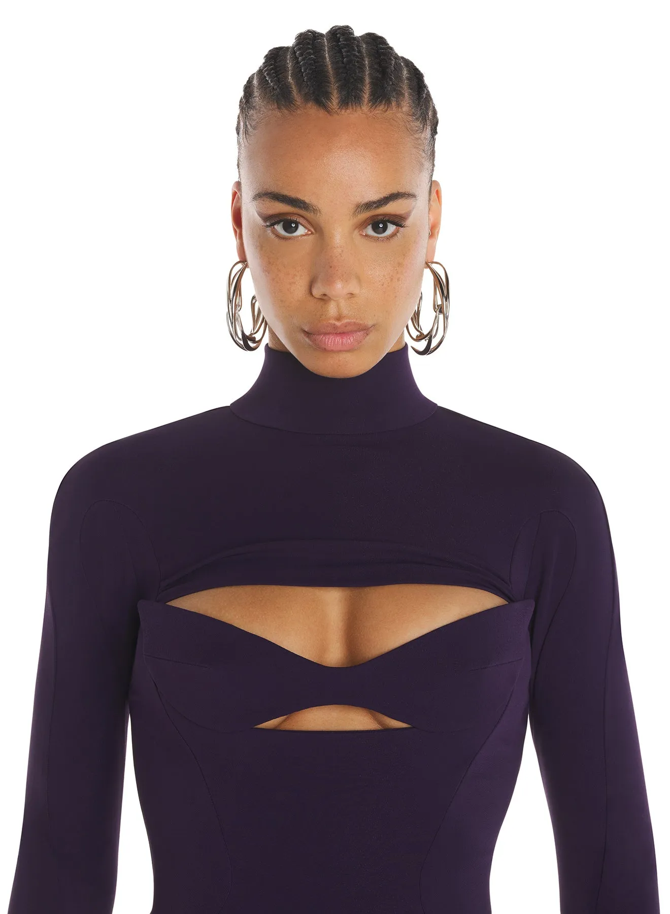 purple long-sleeved mini dress