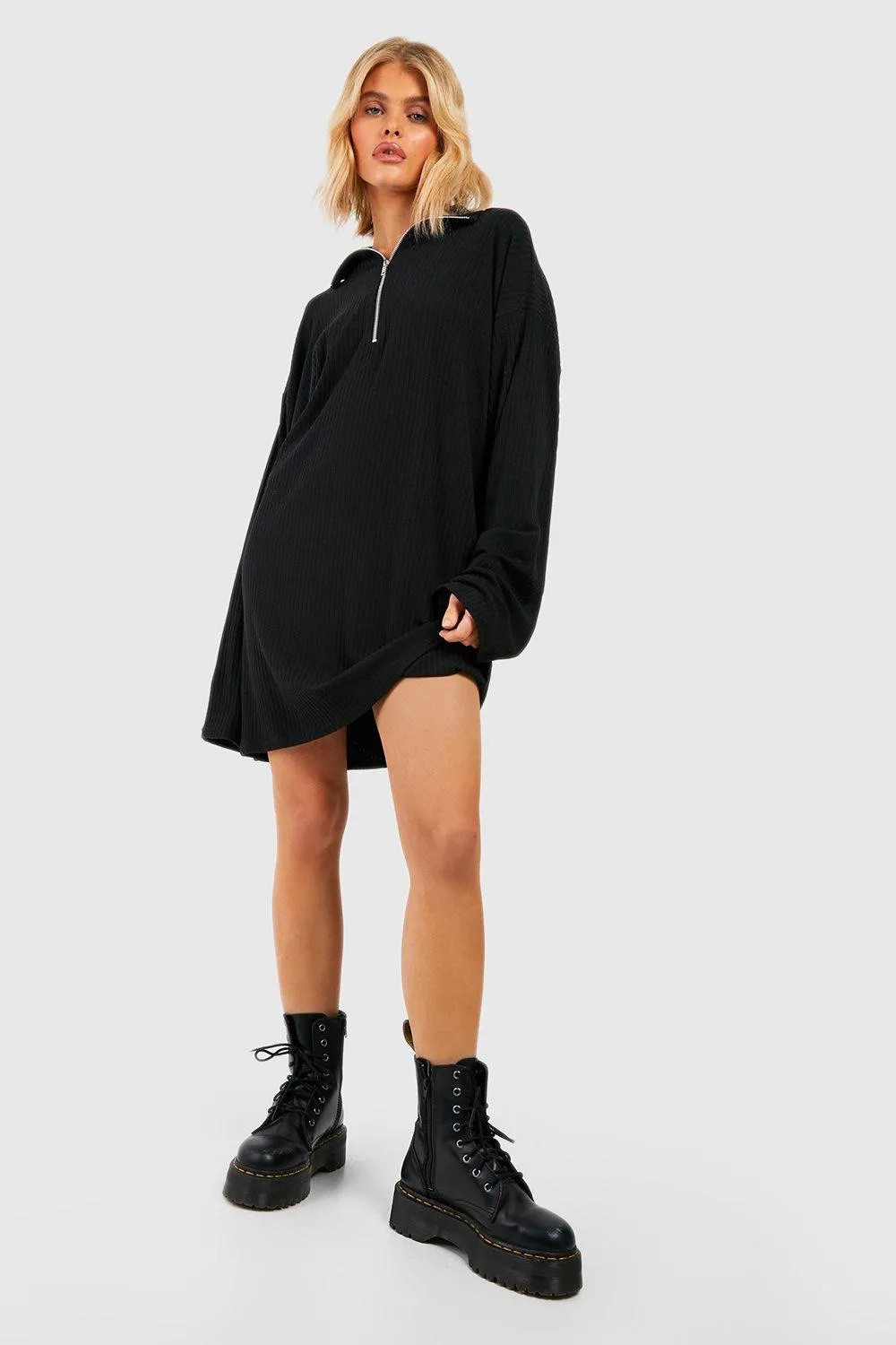 Soft Rib Half Zip High Neck Sweater Dress