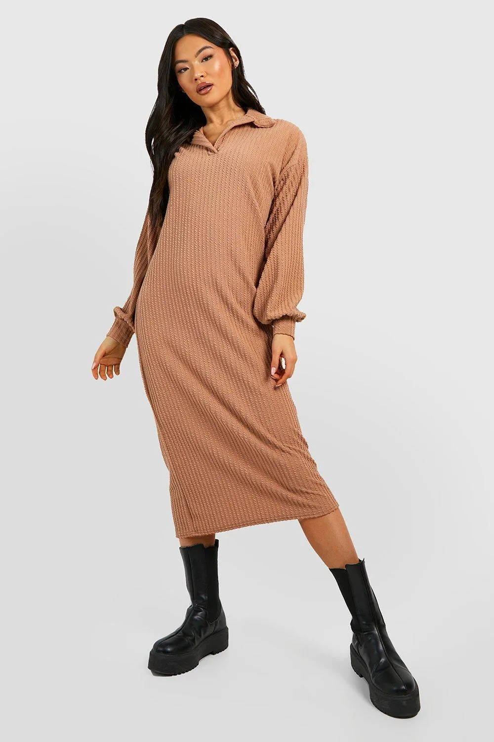 Soft Rib Polo Collar Midi Sweater Dress