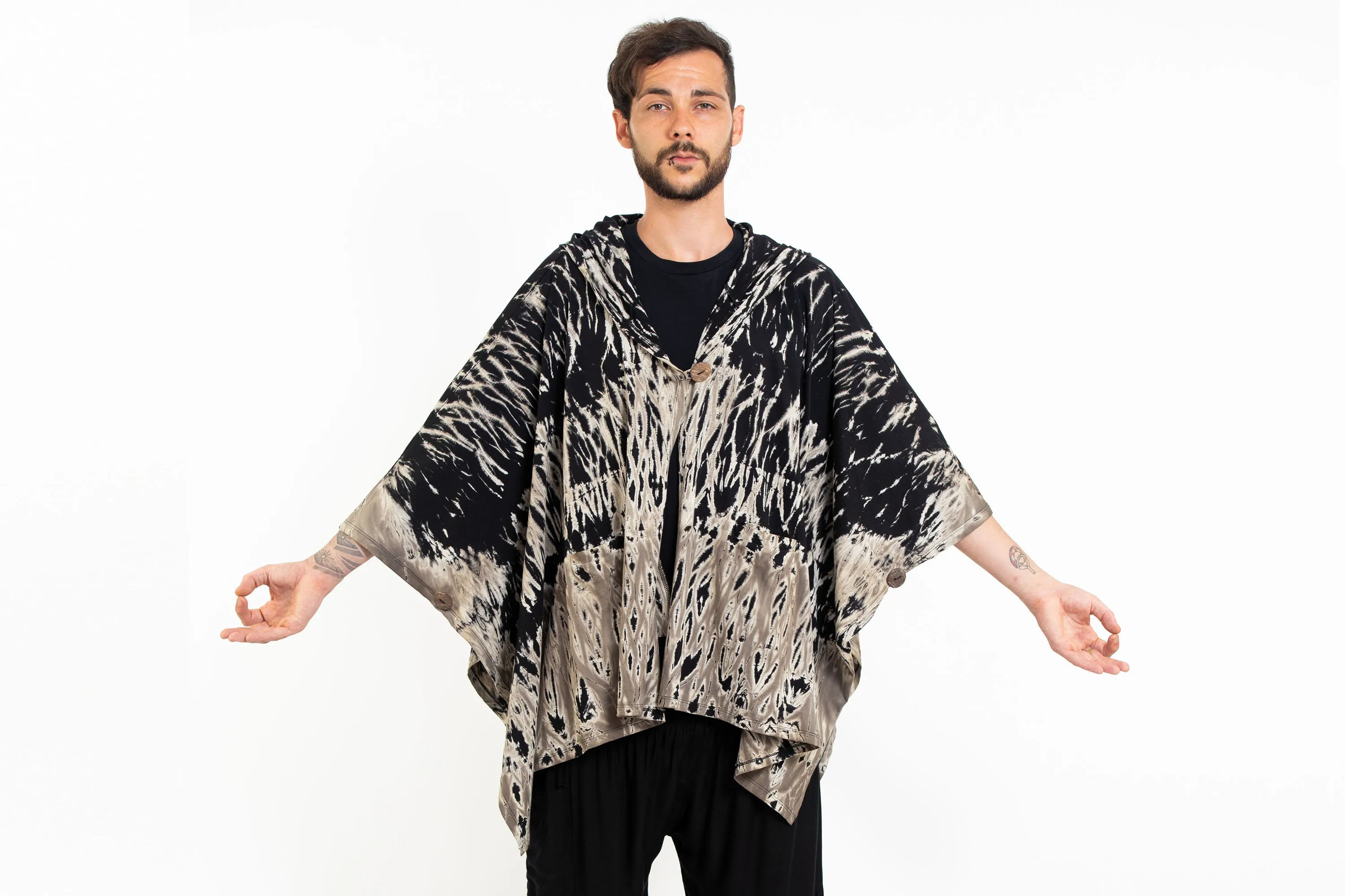 Tie Dye Cotton Hooded Poncho Jacket in Black 02