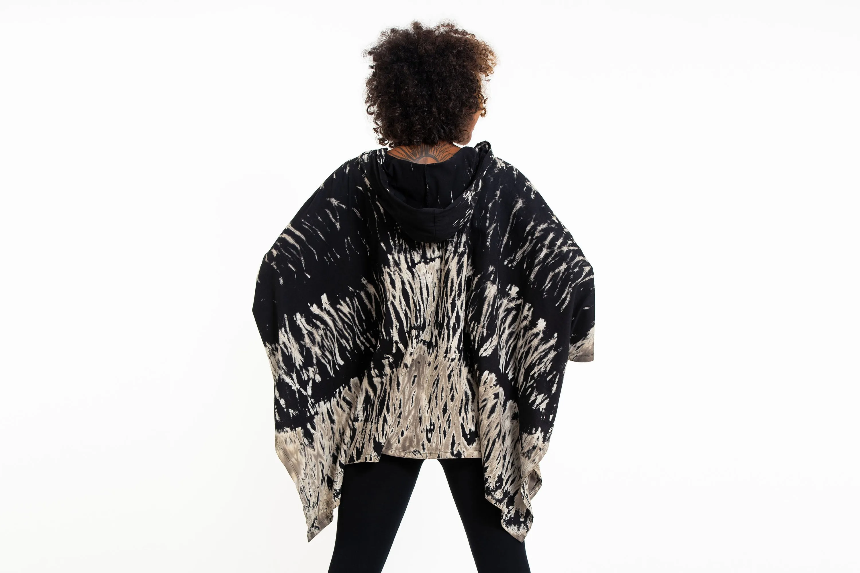 Tie Dye Cotton Hooded Poncho Jacket in Black 02