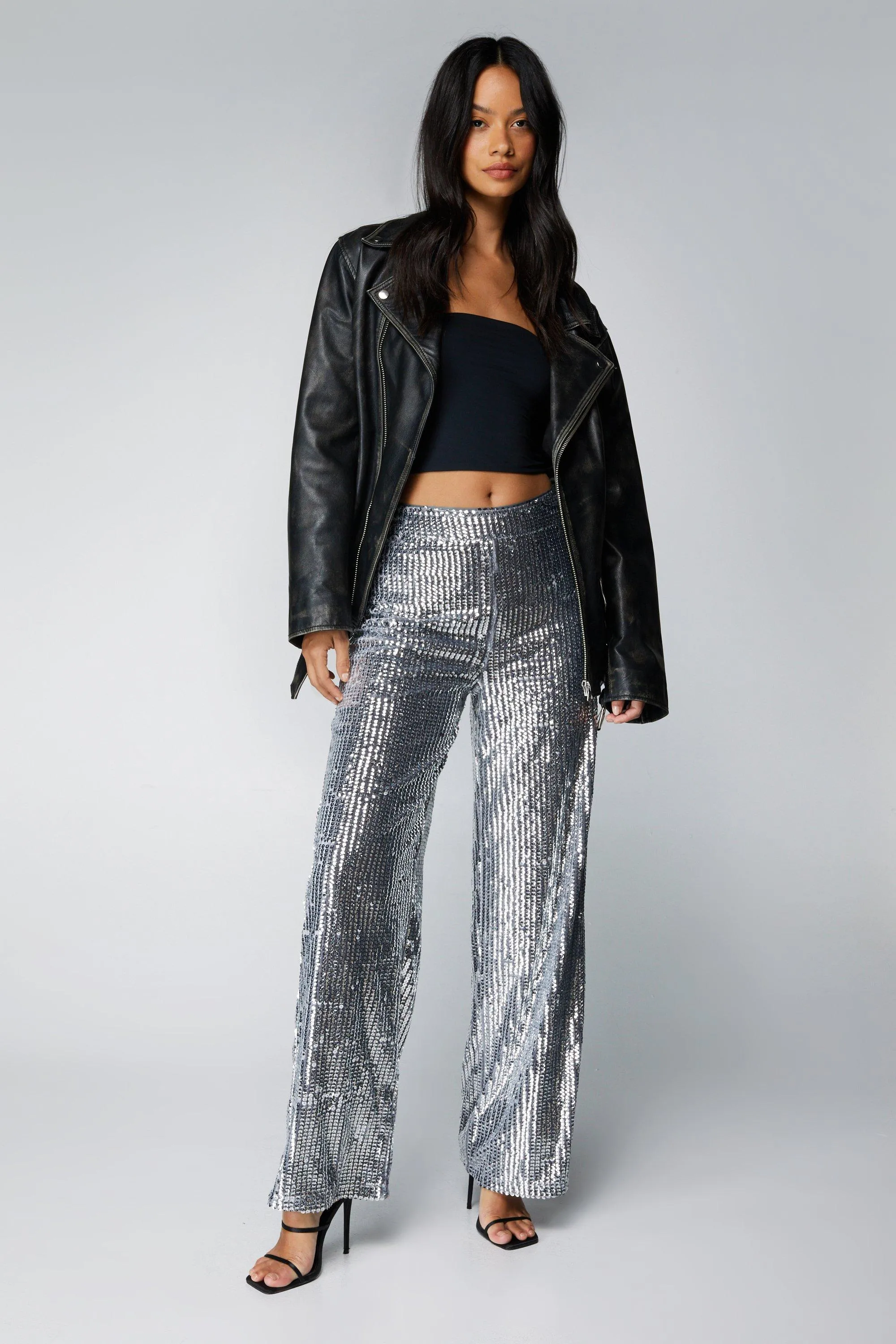 Trousers | Petite Metallic Sequin Wide Leg Trousers | NastyGal