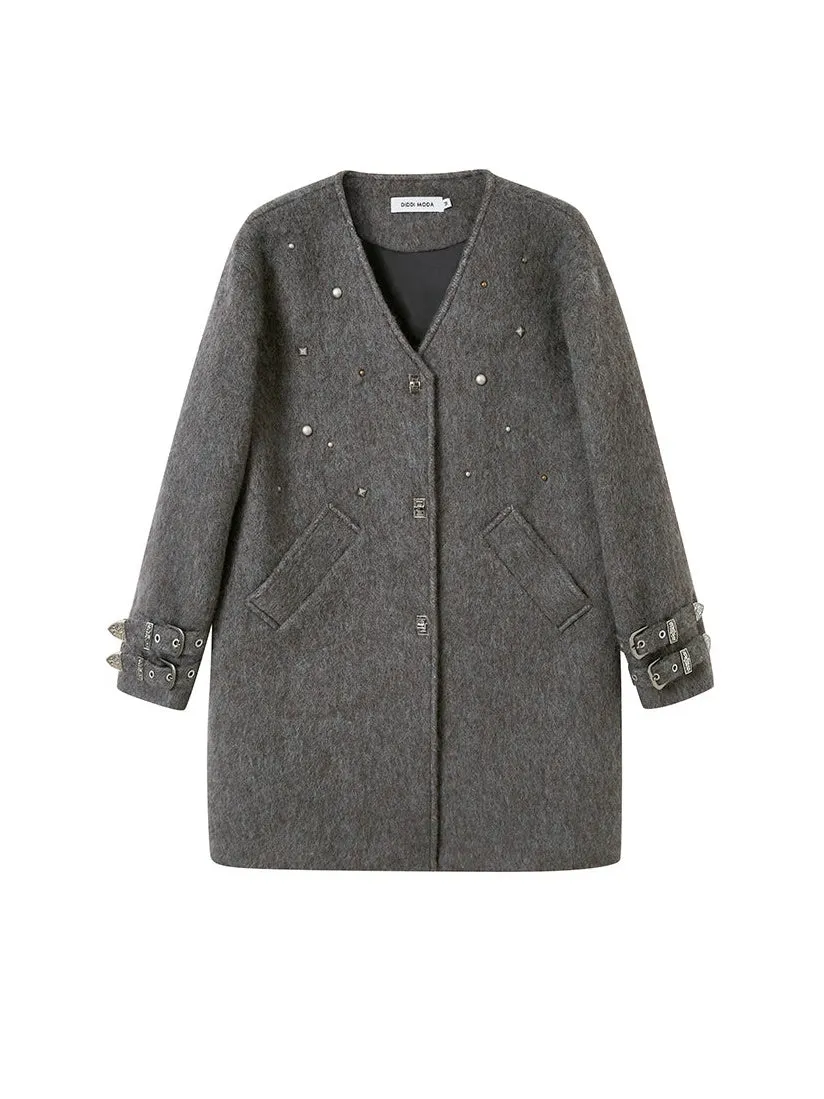 V-Neck Riveted Wool Blend Half Coat