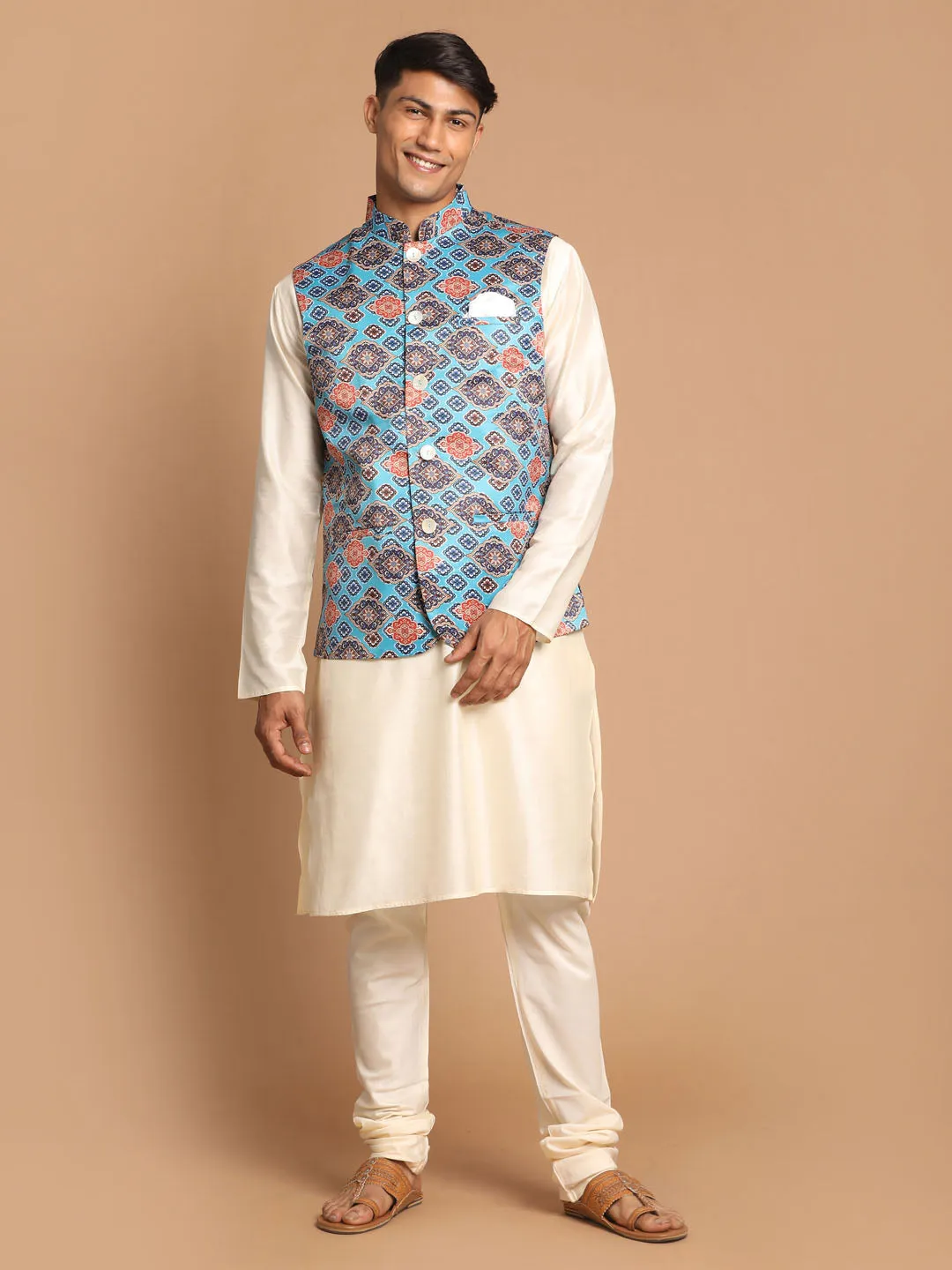 VASTRAMAY Men's Blue Jacket With Cream Kurta And Pyjama Set