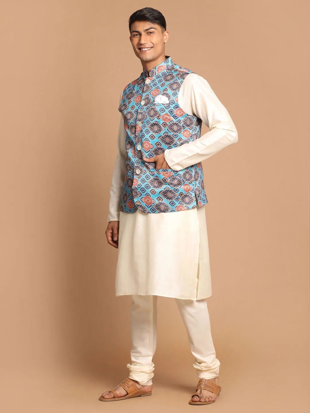 VASTRAMAY Men's Blue Jacket With Cream Kurta And Pyjama Set