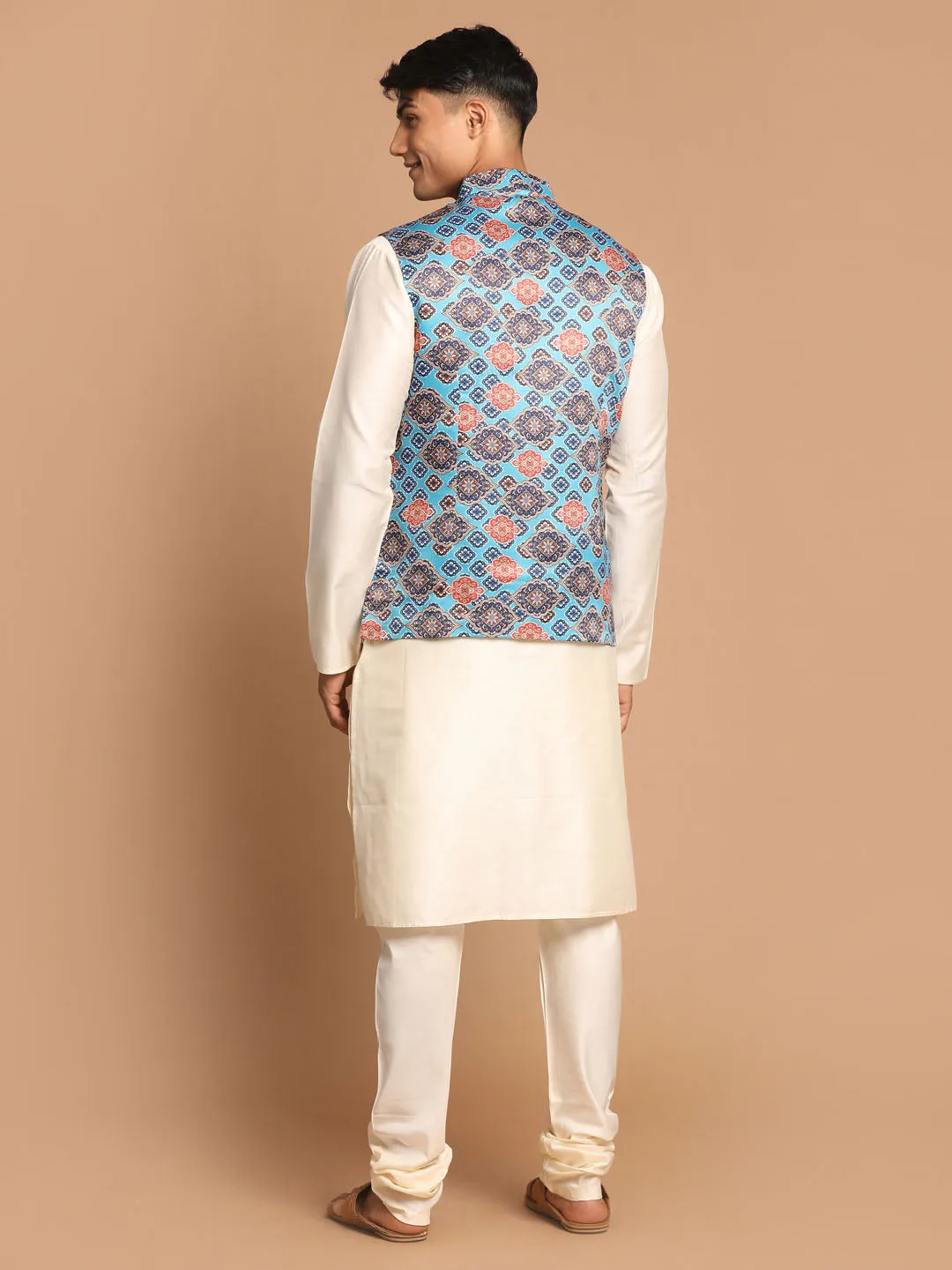 VASTRAMAY Men's Blue Jacket With Cream Kurta And Pyjama Set