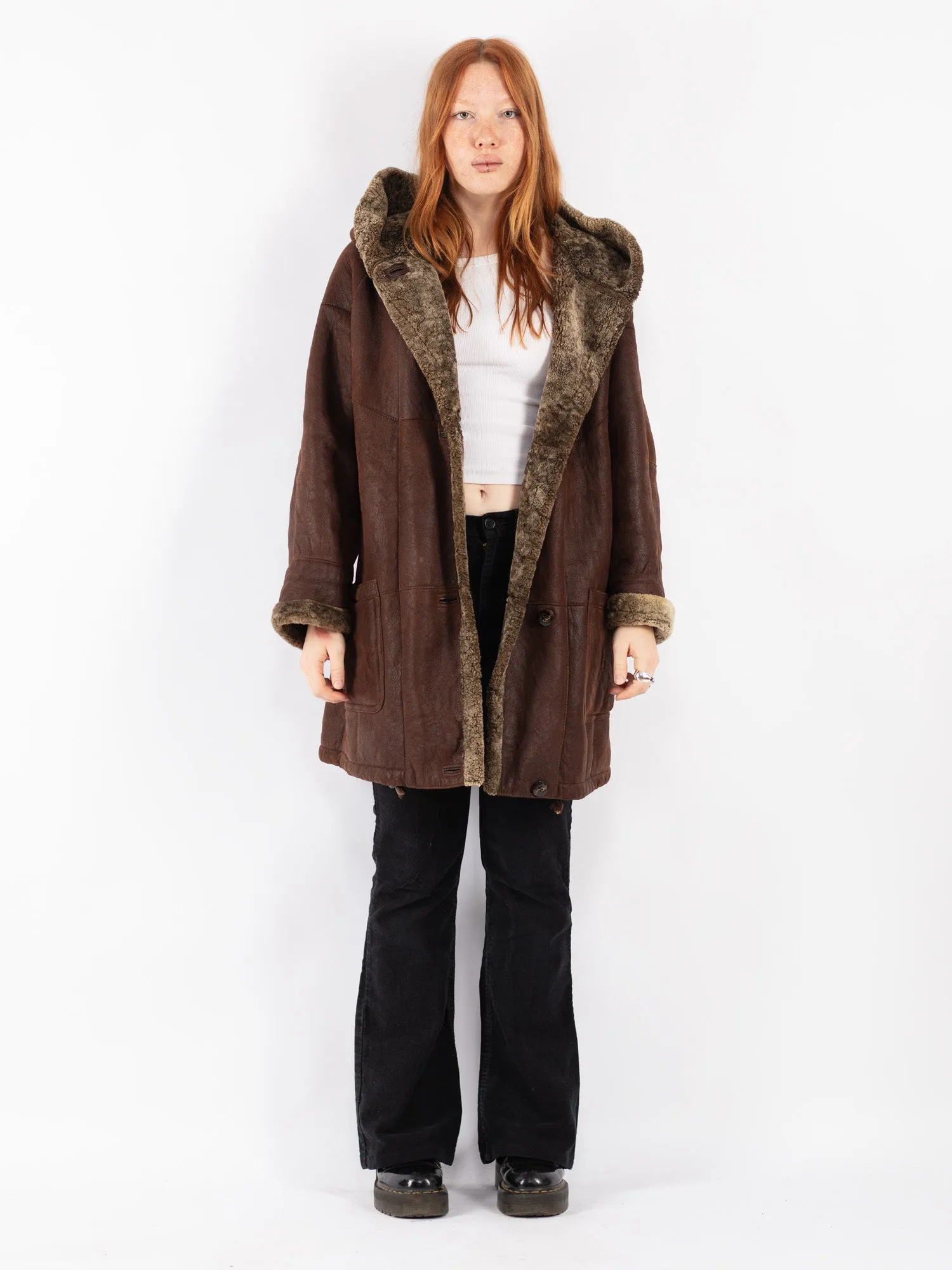 Vintage 90's Women Hooded Sheepskin Coat in Brown