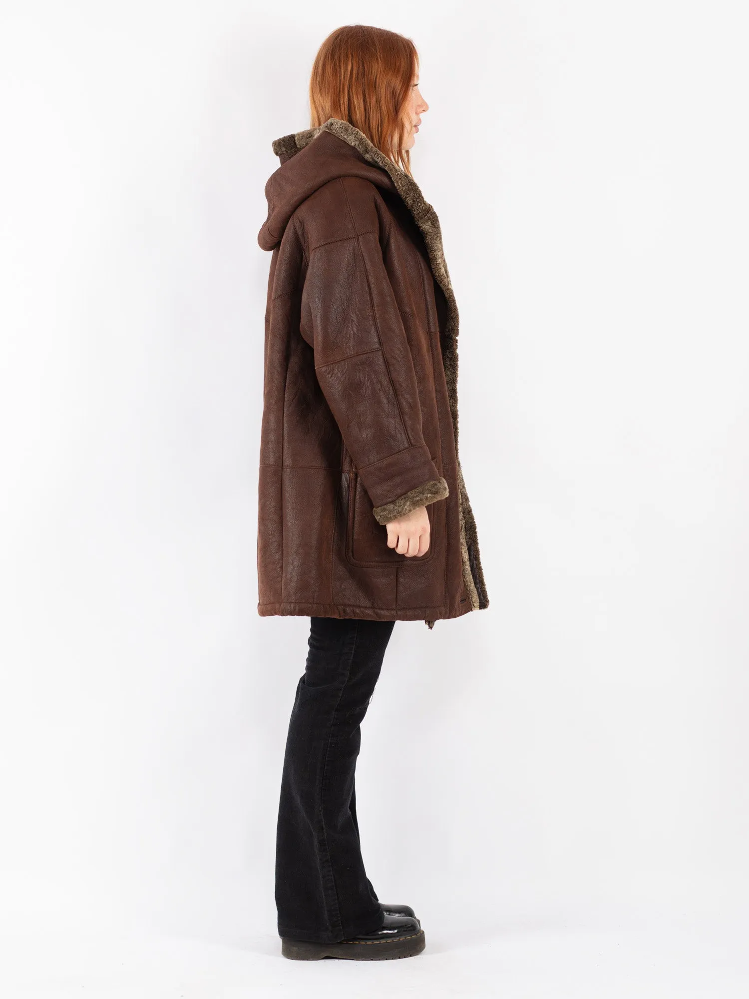 Vintage 90's Women Hooded Sheepskin Coat in Brown