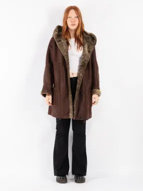 Vintage 90's Women Hooded Sheepskin Coat in Brown