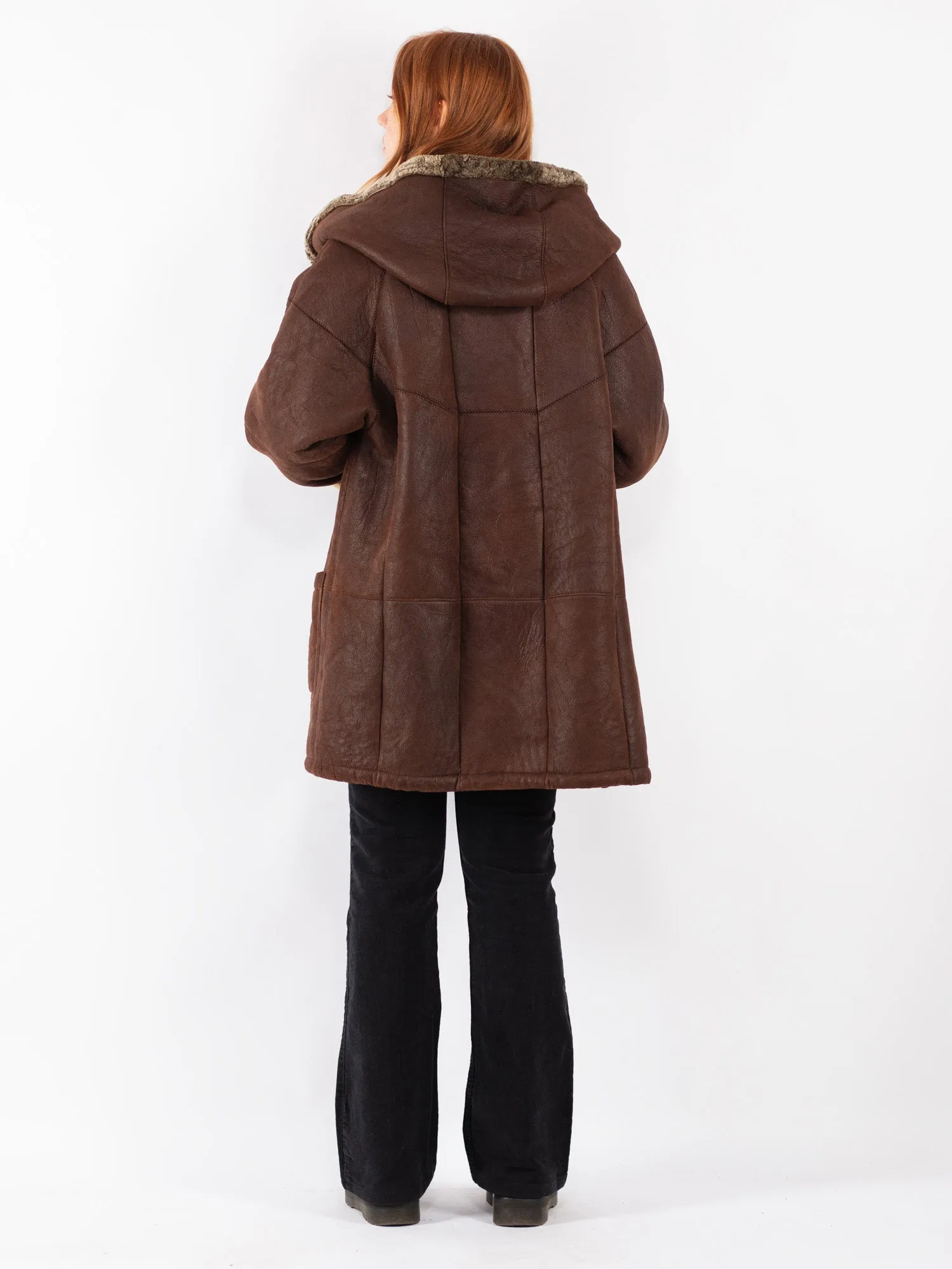 Vintage 90's Women Hooded Sheepskin Coat in Brown