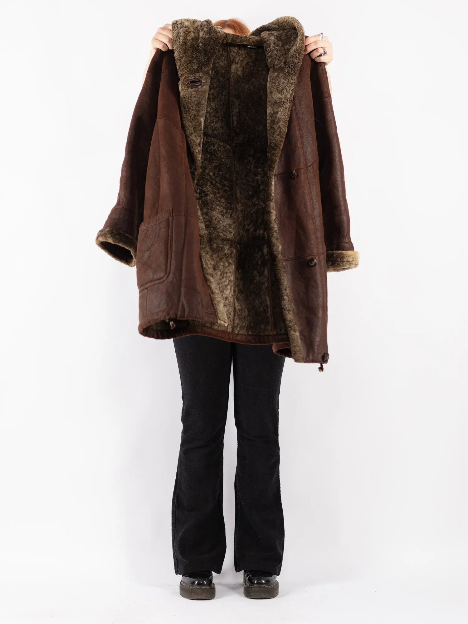 Vintage 90's Women Hooded Sheepskin Coat in Brown